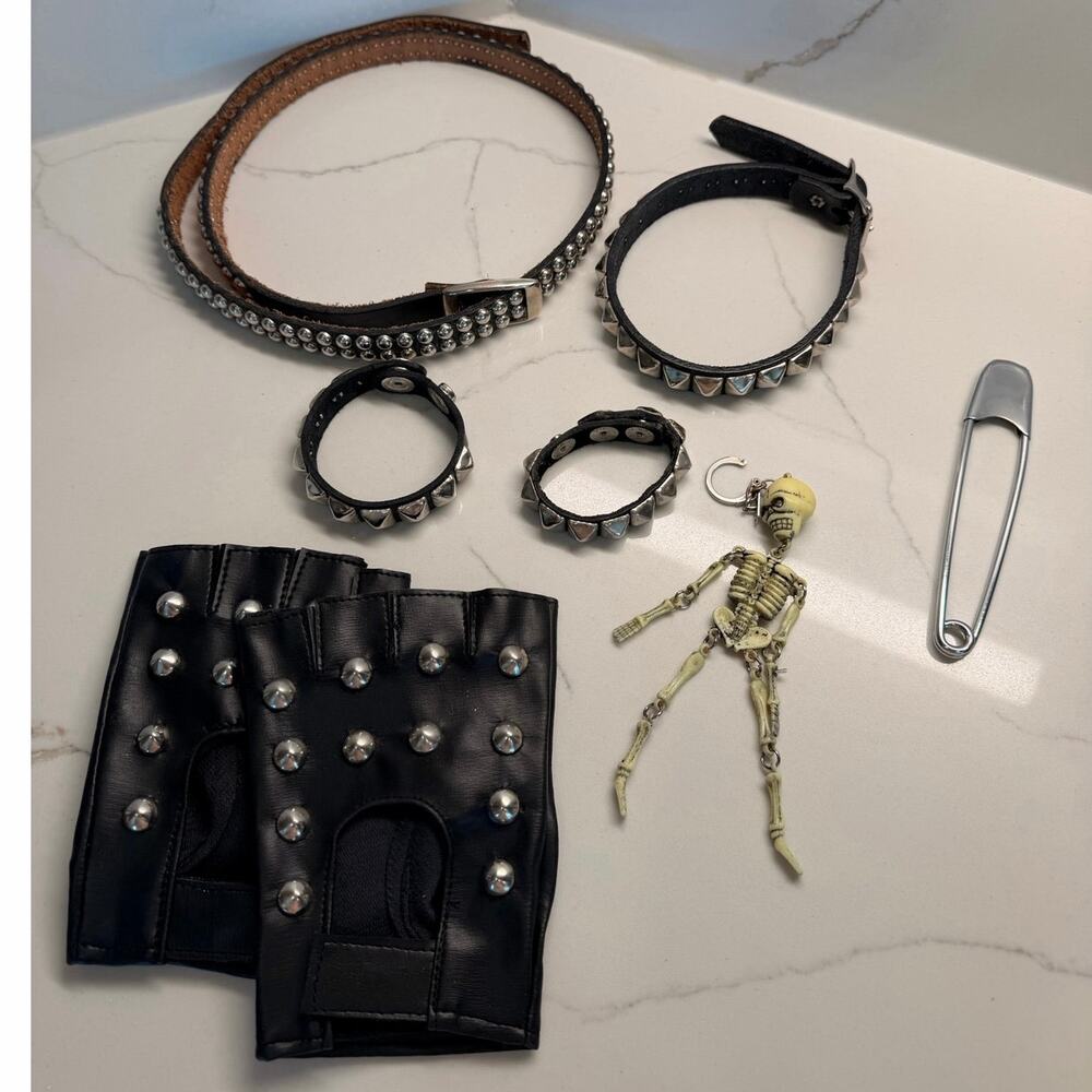 Rocker Accessories - Gloves, Studded Belt, Studded Chockers Keychain Pin